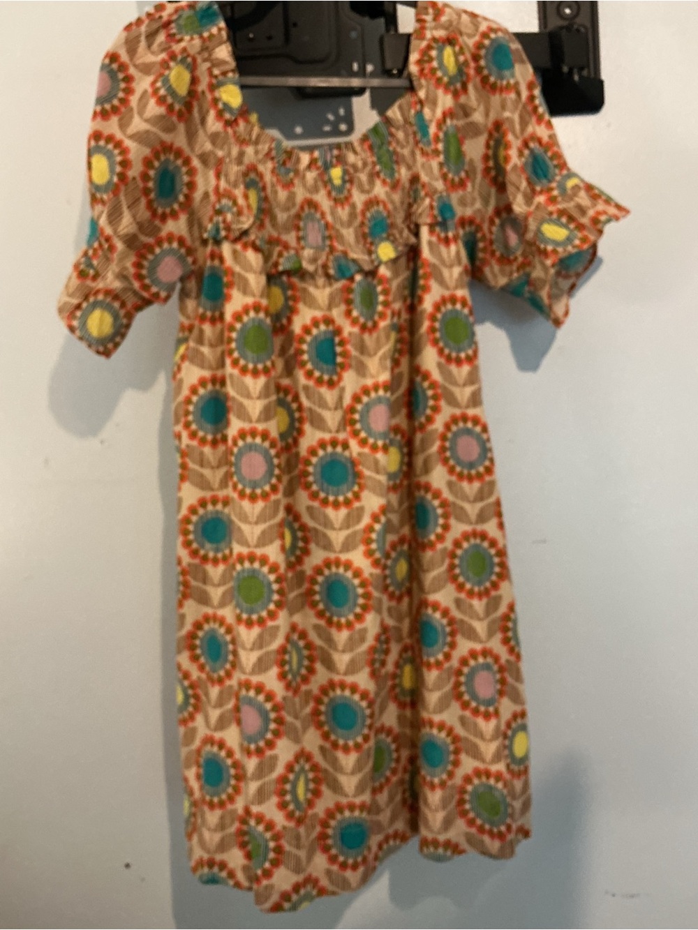 Uncle Frank Beige Floral Smocked Dress with Teal & Orange Accents